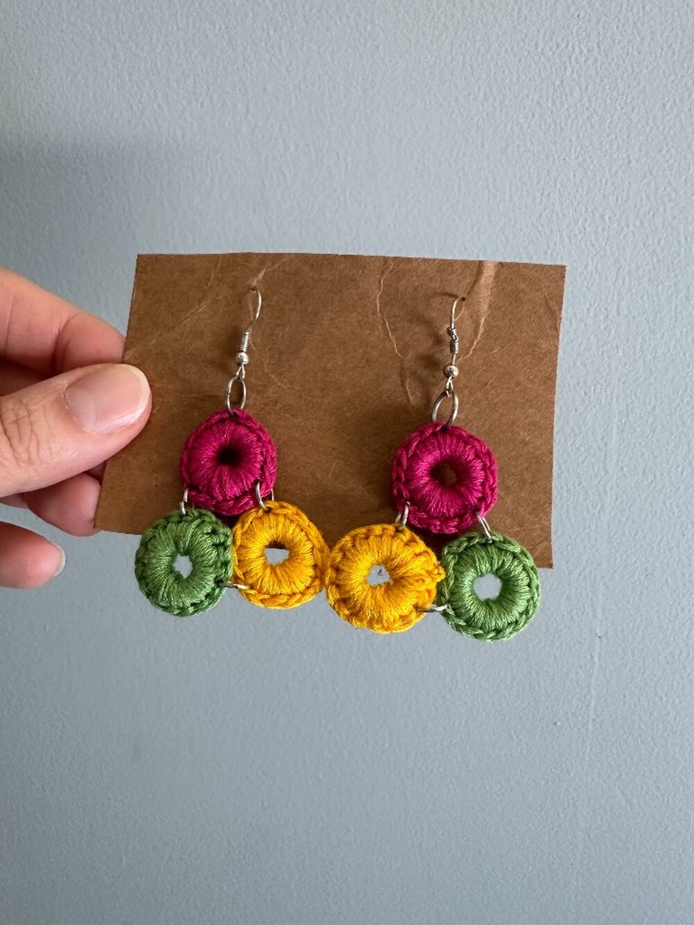 Handmade Crochet Hoop Earrings in Pink, Yellow, & Green